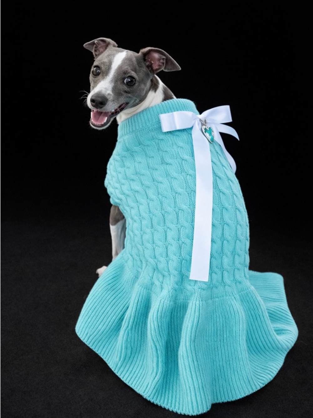 Turquoise Cable-Knit Dog Dress with Ribbon